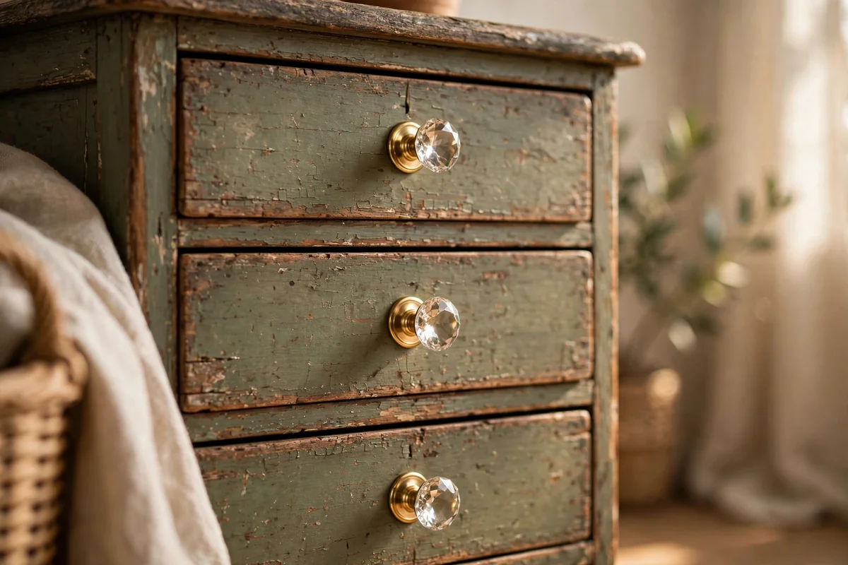 Closeup of vintage dresser with new crystal and brass drawer pulls