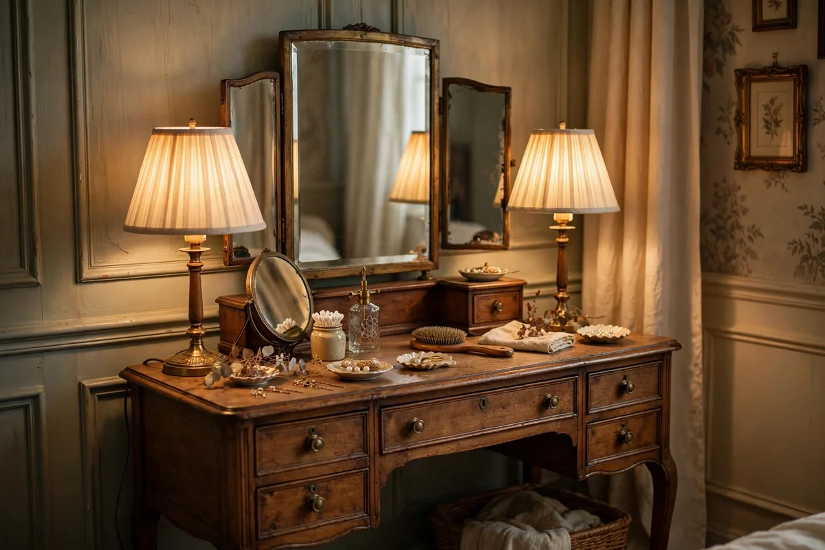 Vintage vanity lit by table lamps with pleated shades, soft glow