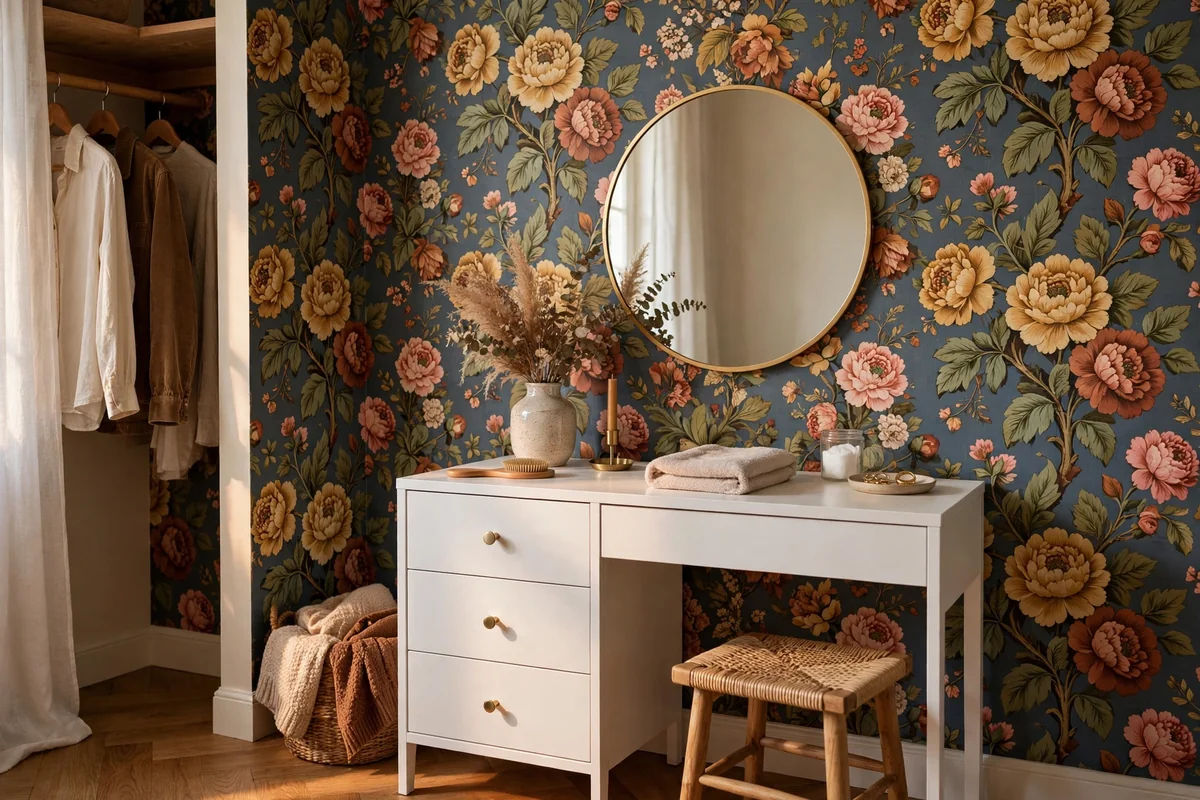 Dressing room with bold vintage floral wallpaper and simple white vanity