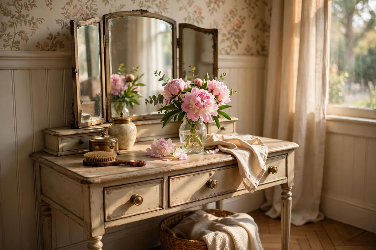 Vintage vanity styled with a small bouquet of fresh peonies in a glass vase