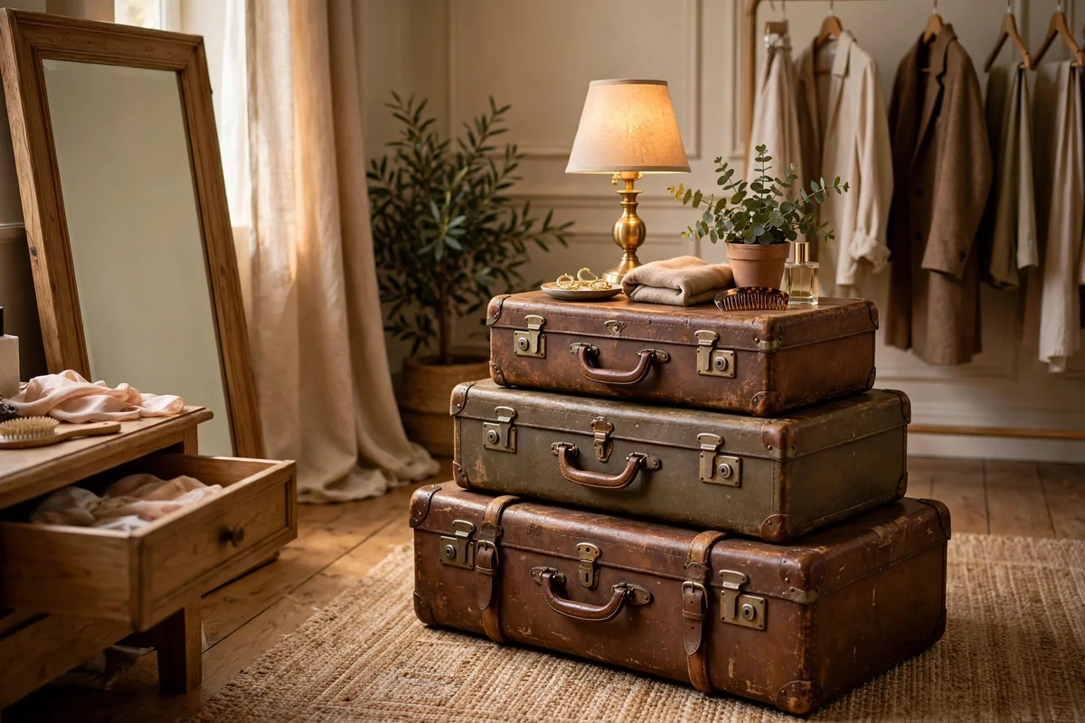 Stack of vintage suitcases used as a side table in a dressing room