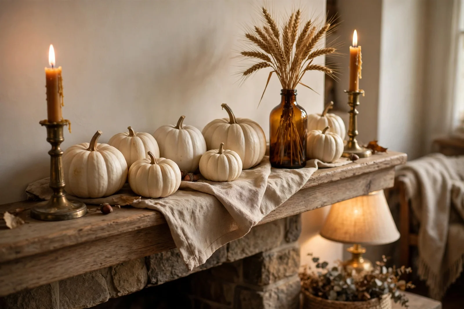 Living room mantel with cream pumpkins, brass candlesticks and dried wheat in a vintage harvest style