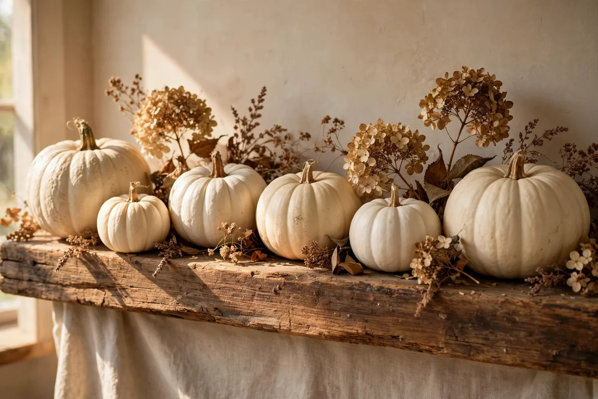 Cream and white pumpkins lined along a living room mantel with dried hydrangea sprigs