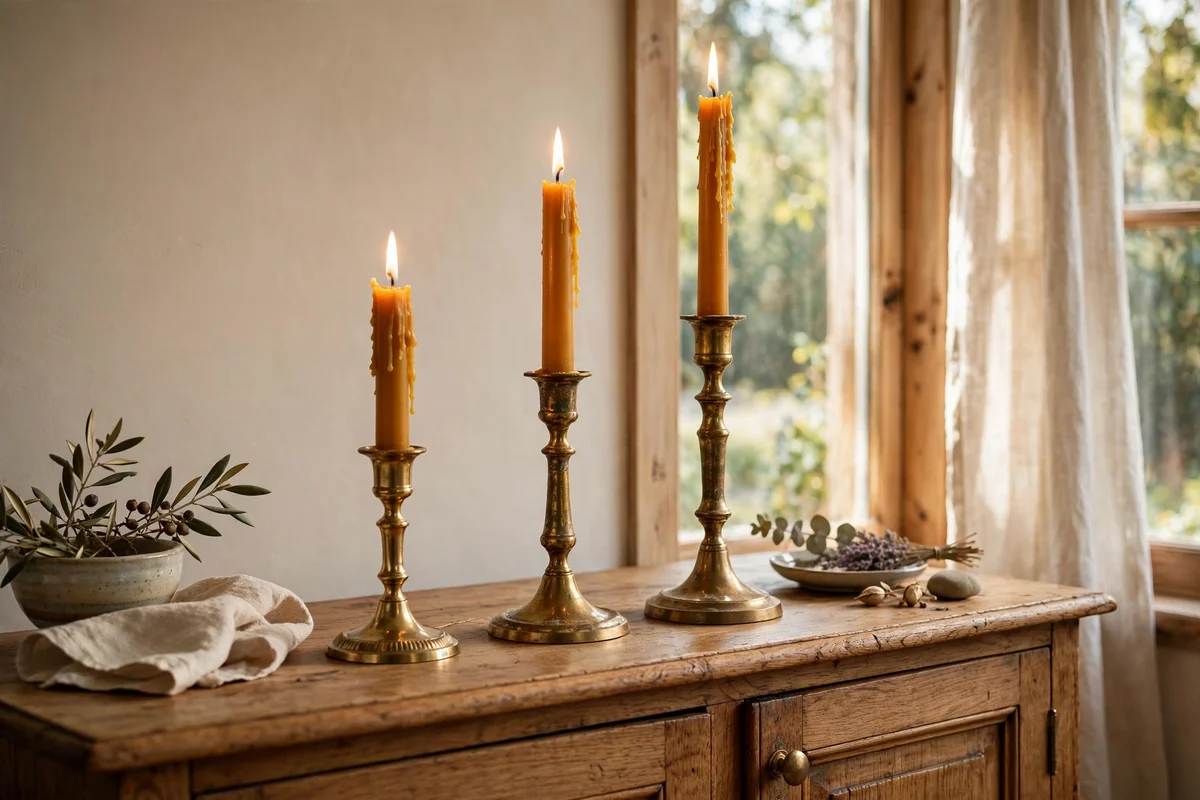 Three brass candlesticks of different heights with amber taper candles on a sideboard