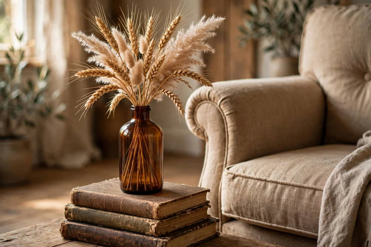 Dried wheat and grasses arranged in a plain amber glass bottle beside an armchair