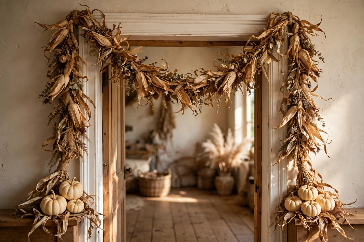 Dried corn husk garland swagged over an interior doorway with small cream pumpkins