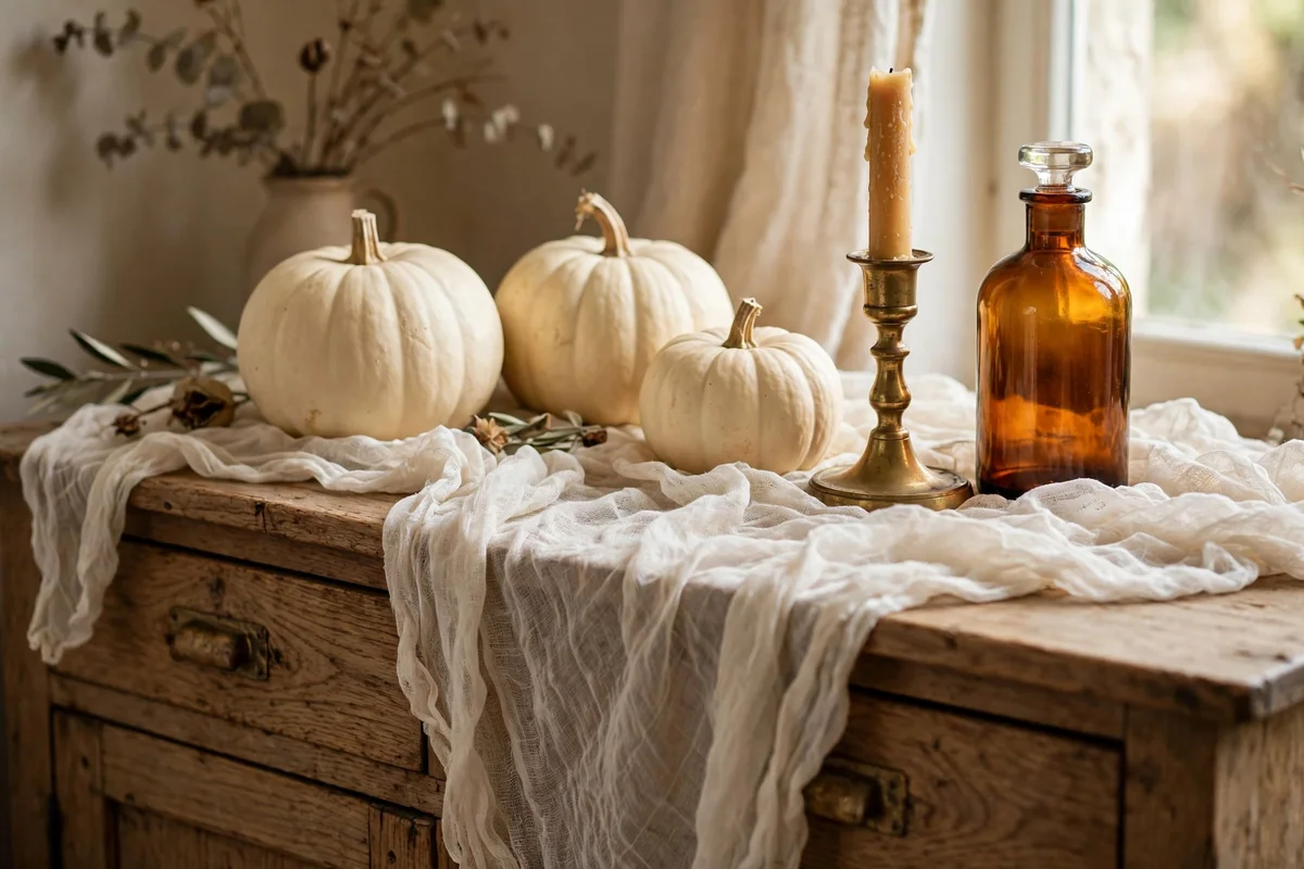 Cheesecloth draped over a sideboard holding cream pumpkins and a brass candlestick