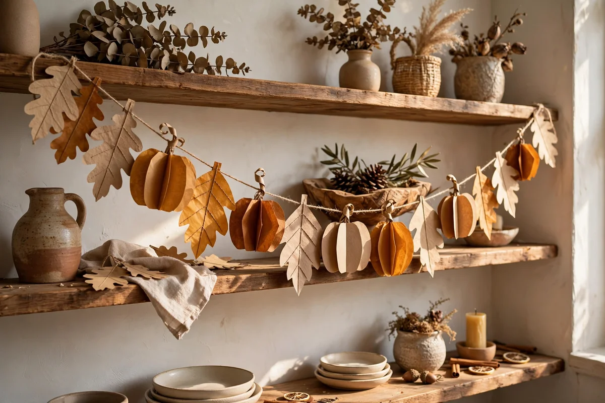 Handmade paper leaf and pumpkin garland strung along open living room shelves