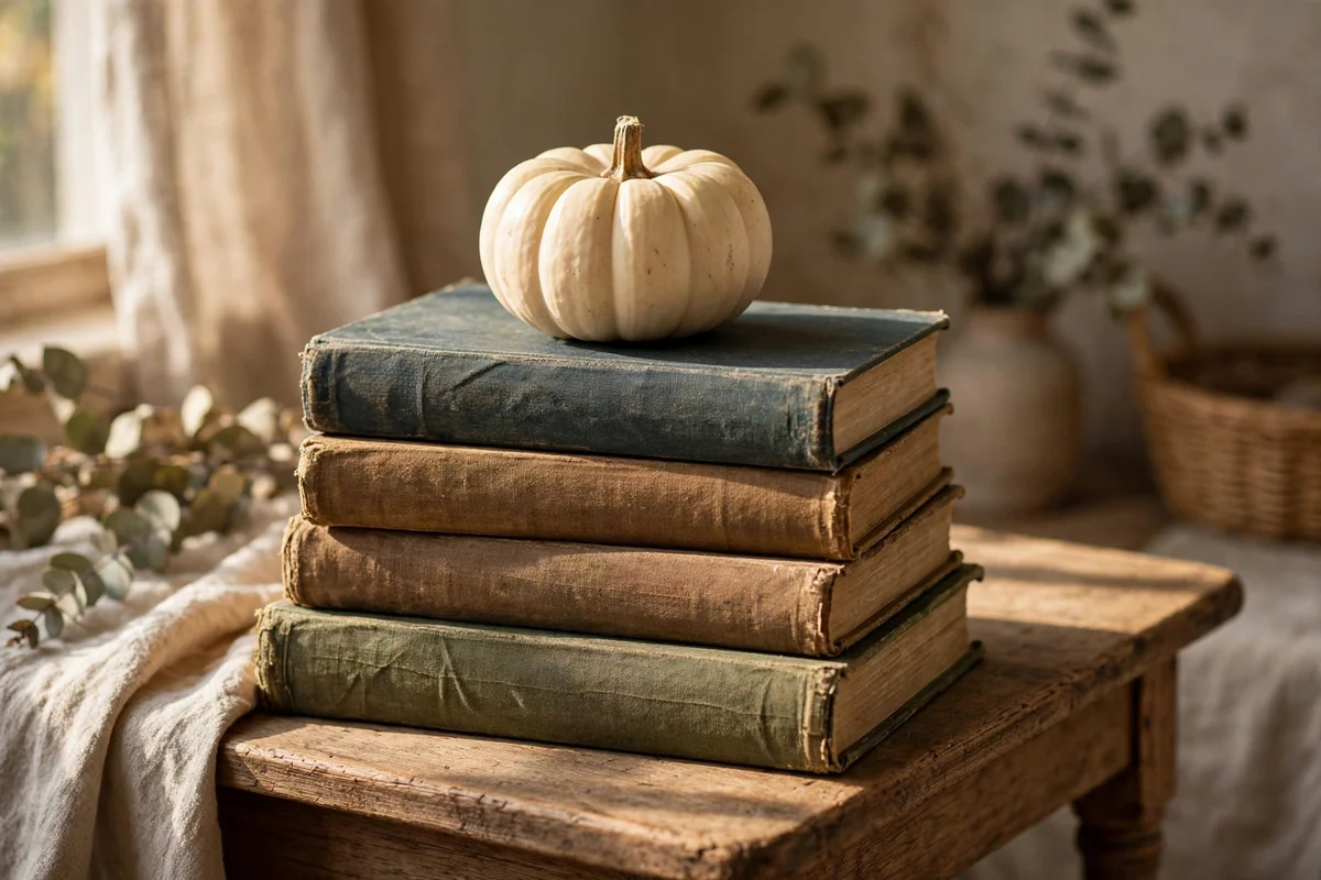 Old hardback books stacked as a stand for a cream pumpkin on a side table