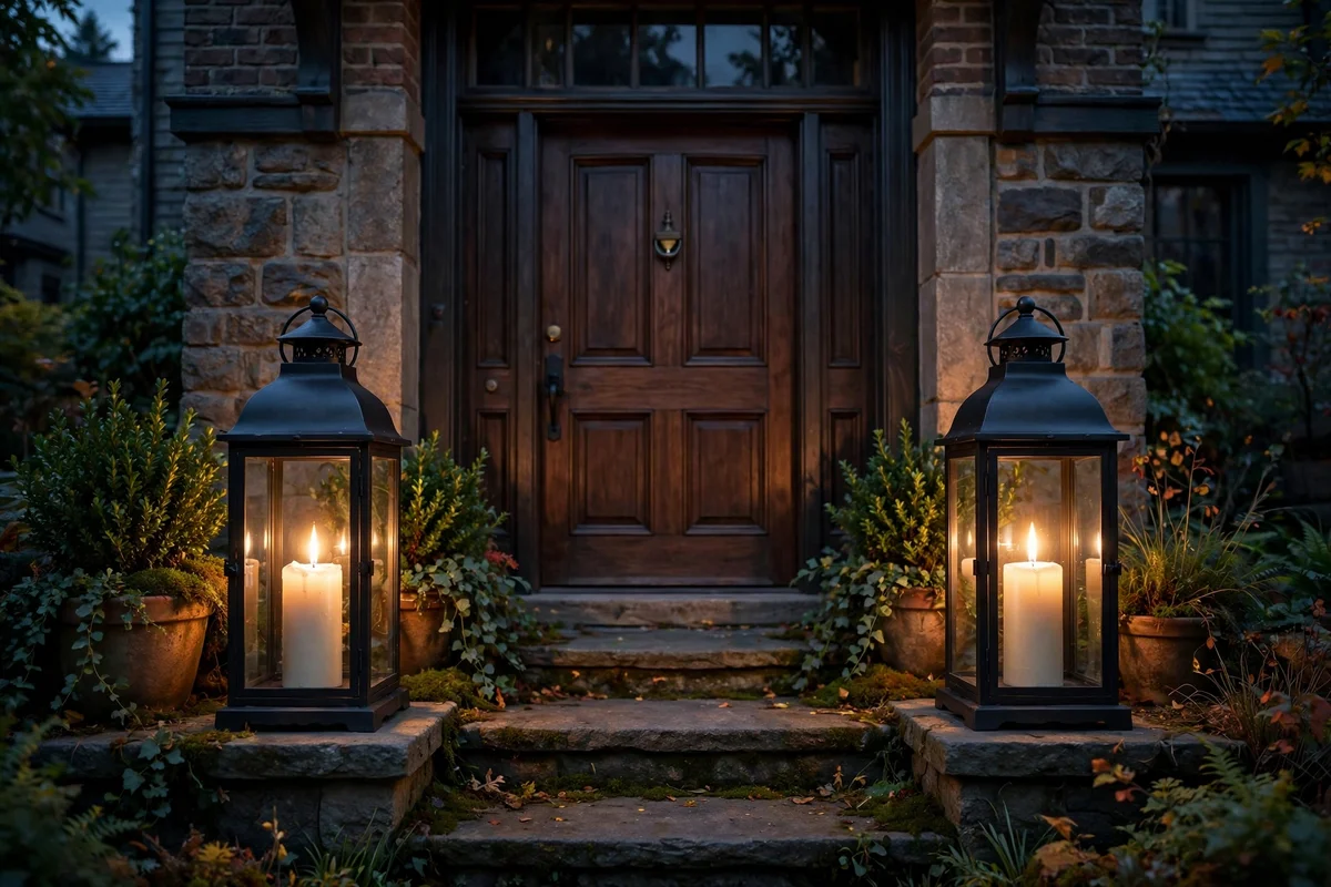 Two matching black lanterns with pillar candles flanking front door steps