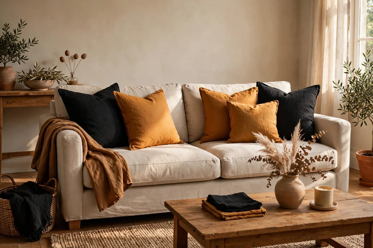 Neutral sofa dressed with black and amber linen cushion covers