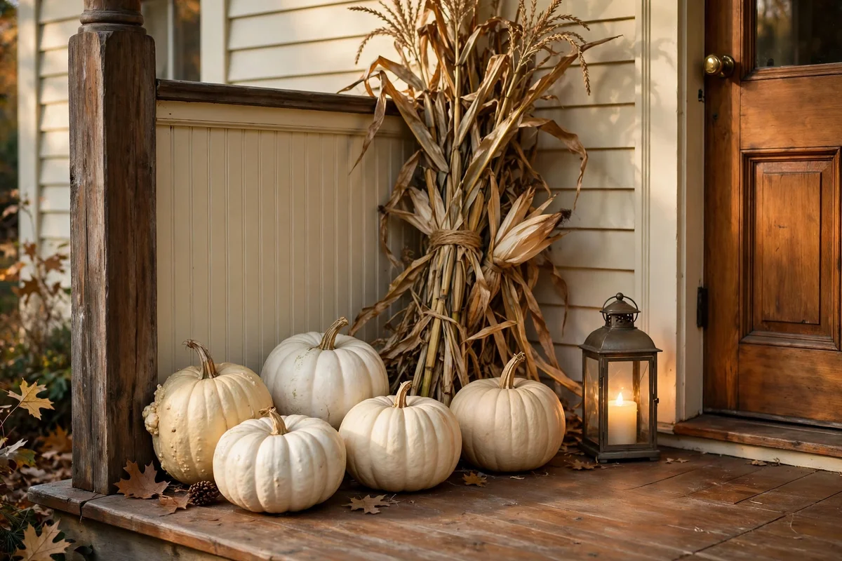 Porch corner with cream pumpkins, dried corn stalks and a lit lantern by the door