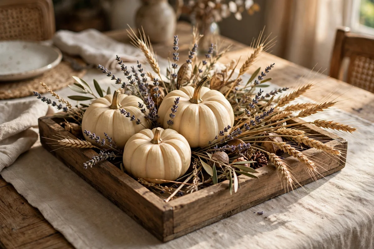 Wooden tray centerpiece with cream pumpkins, dried lavender and wheat on a table