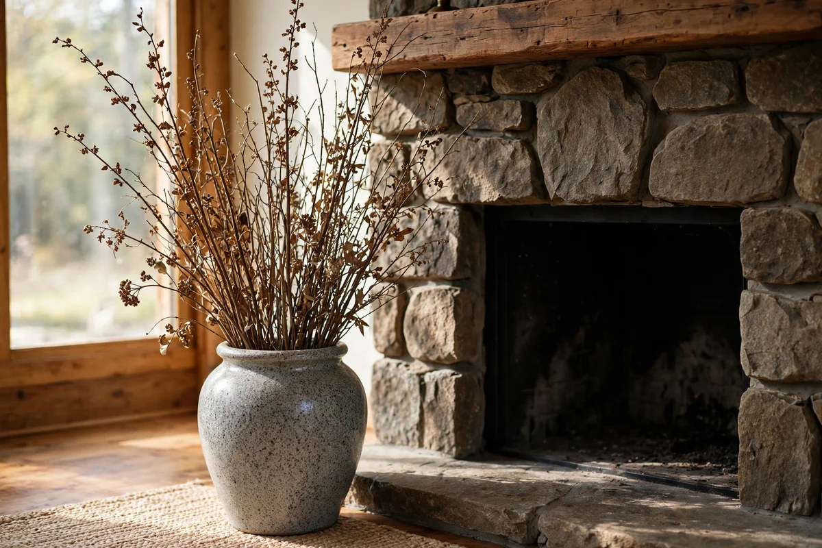 Tall dried branches in a ceramic urn beside a fireplace