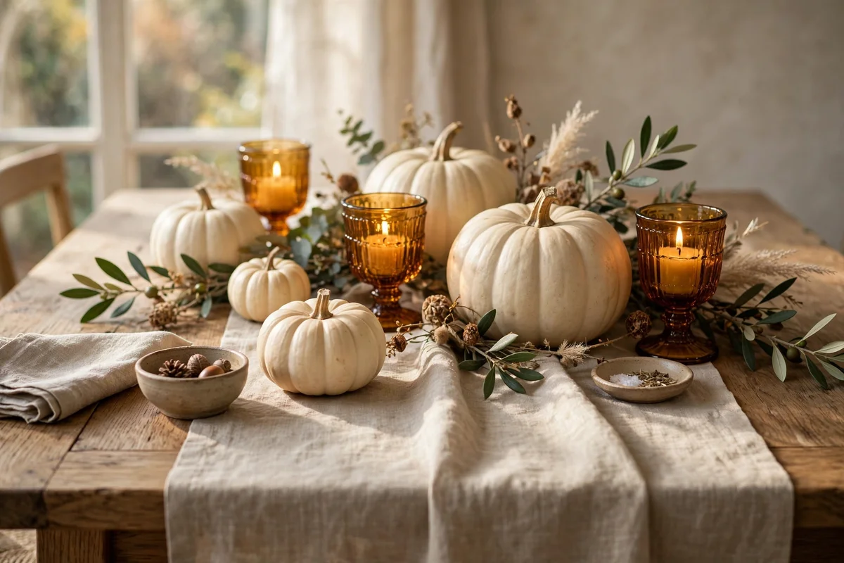 Dining table with a linen runner, cream pumpkins and amber candle holders