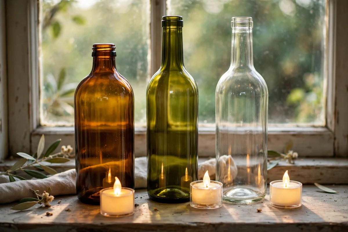 Plain amber and clear glass bottles with glowing LED candles on a windowsill