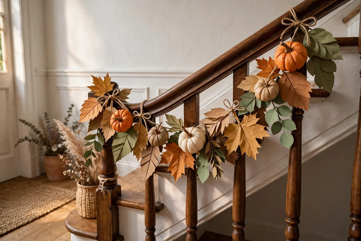 Paper leaf and pumpkin garland swagged around a staircase banister