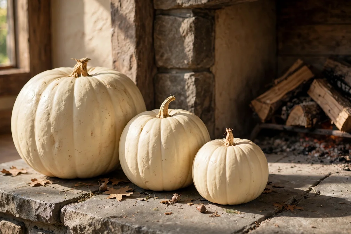 Three cream pumpkins of stepped sizes grouped on a hearthstone beside a fireplace
