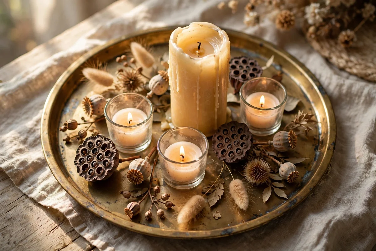 Round brass tray with pillar candle, votives and dried seed heads