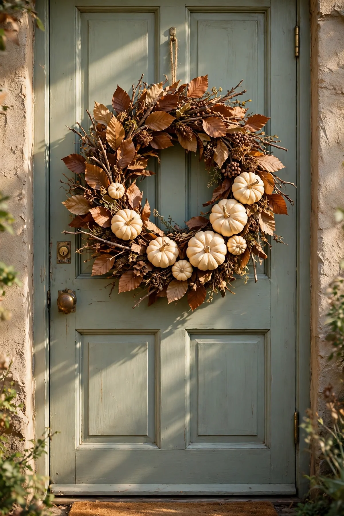 Harvest wreath of dried beech leaves and cream mini pumpkins on a front door
