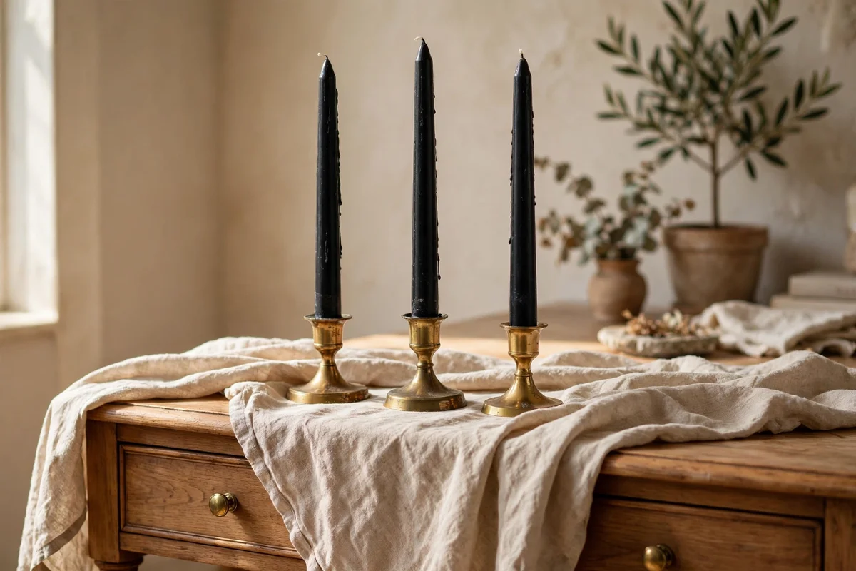 Black taper candles in brass holders on a linen draped console table