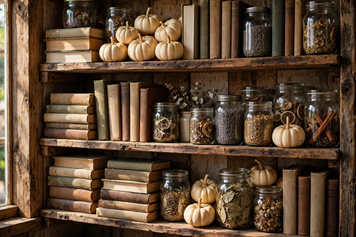 Mini cream pumpkins tucked between books and jars on open living room shelves