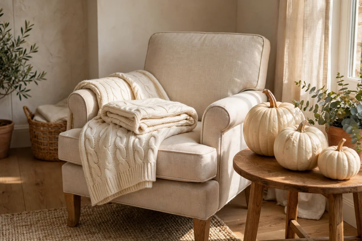Reading chair with a folded wool throw and cream pumpkins on the side table