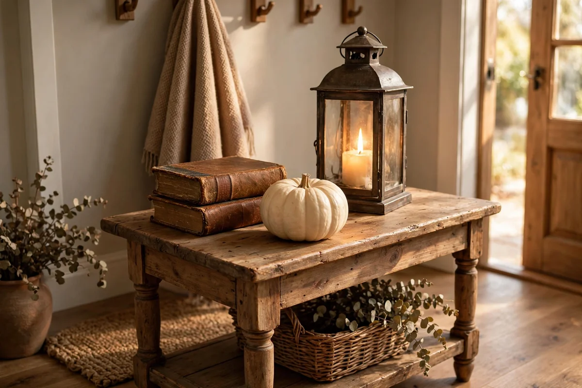 Entryway table with a lit lantern, a stack of old books and one cream pumpkin