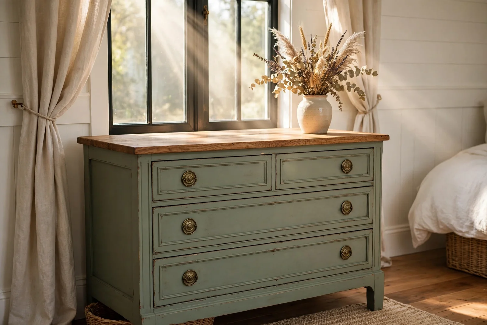 Sage painted vintage dresser with bare wood top in a bright farmhouse bedroom