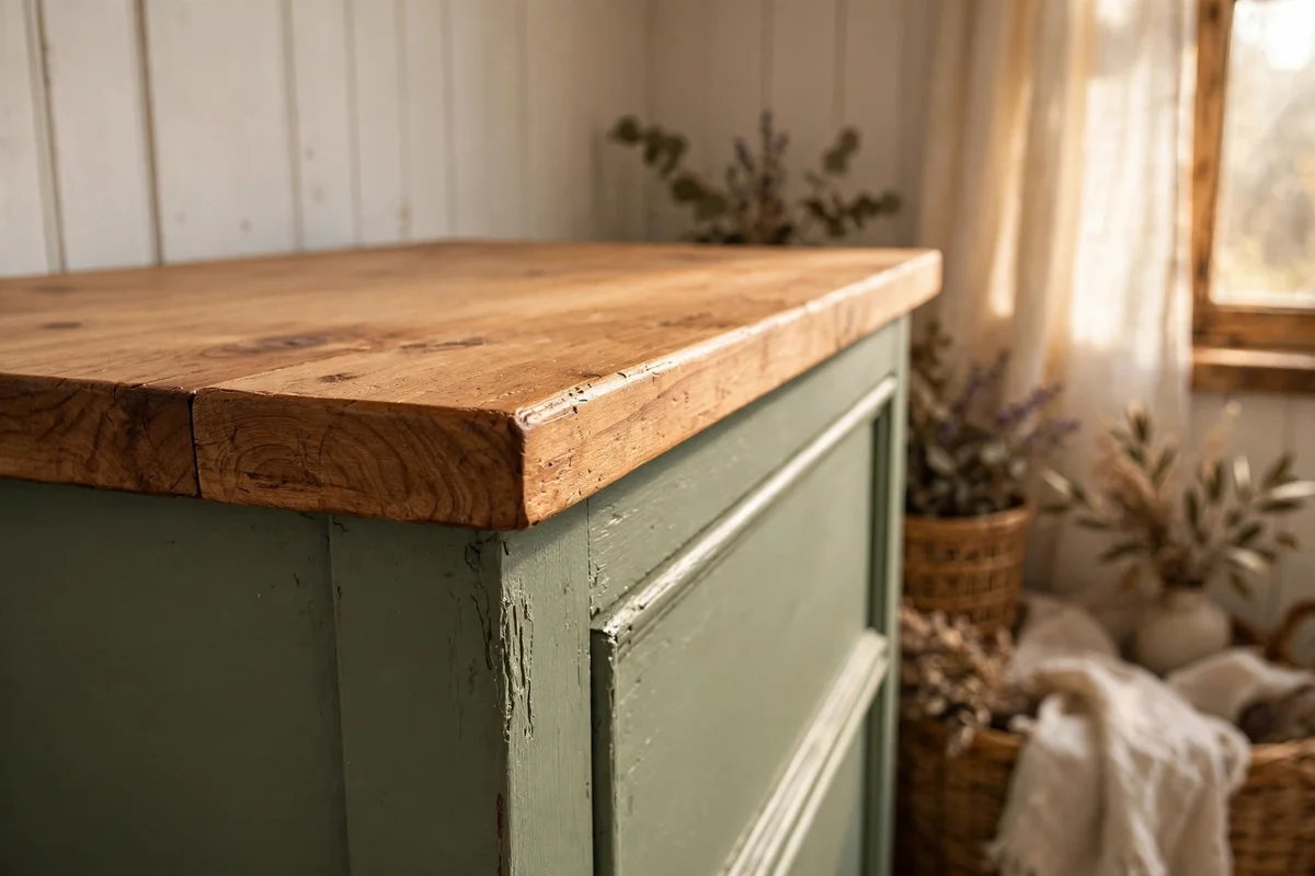 Sage painted vintage dresser frame with bare timber top in a farmhouse bedroom