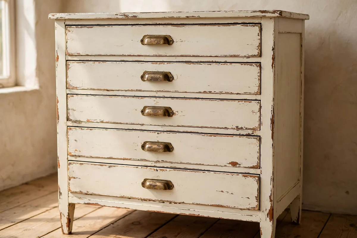 Painted vintage chest with gentle distress marks along edges and drawer corners