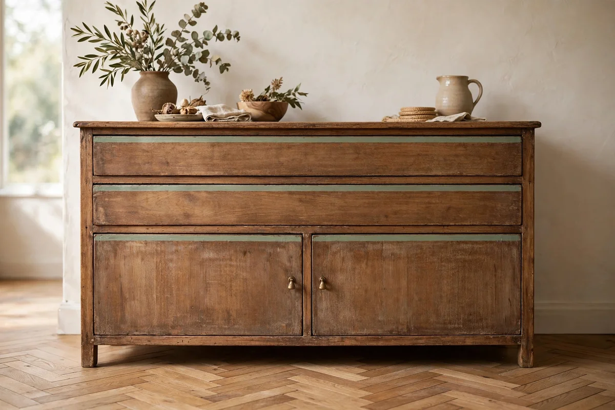 Old sideboard with hand painted stripes along its drawer fronts