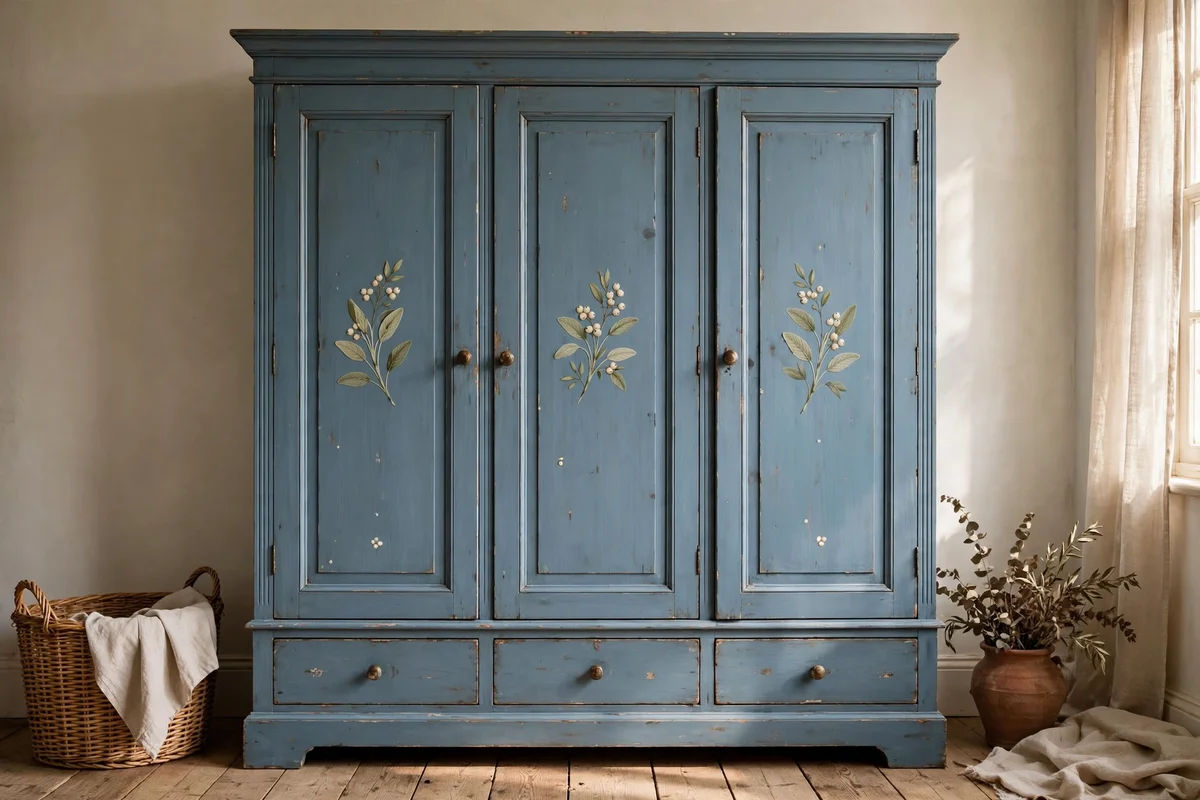 Pine wardrobe with small hand painted botanical leaf motifs on its panels