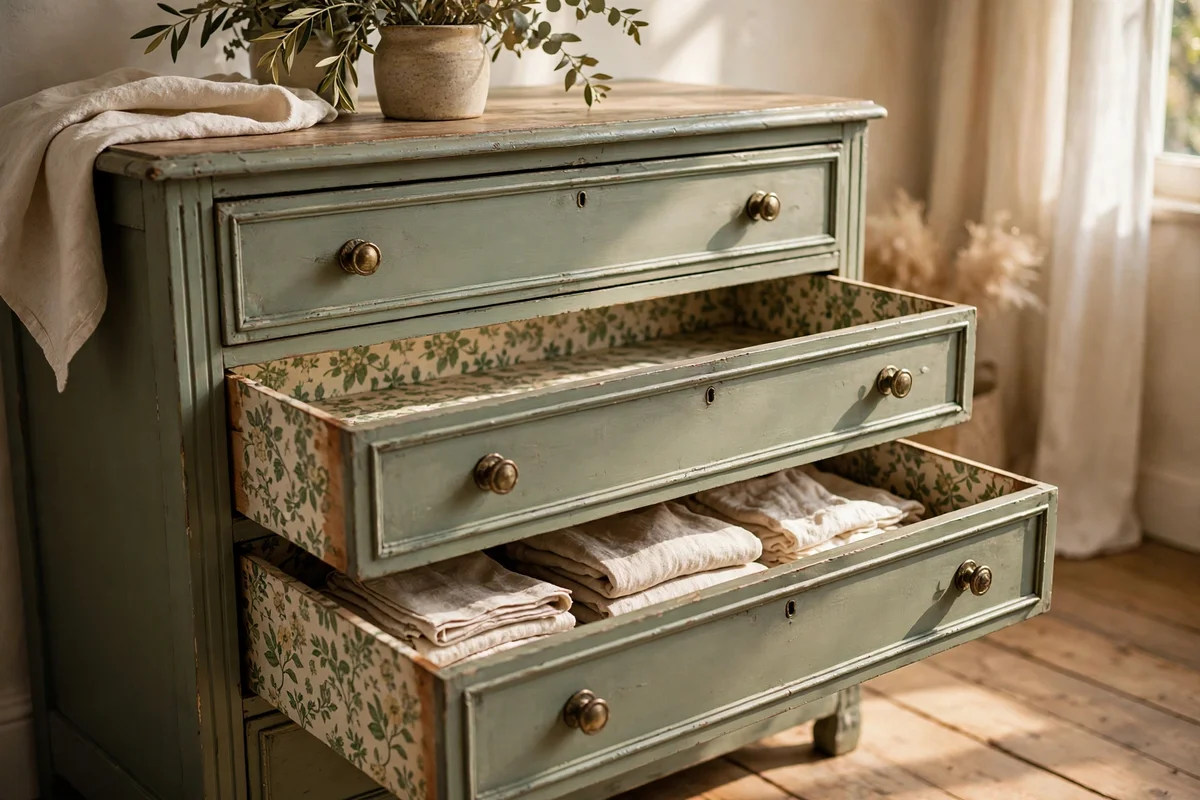 Open dresser drawers lined with floral paper inside a painted dresser