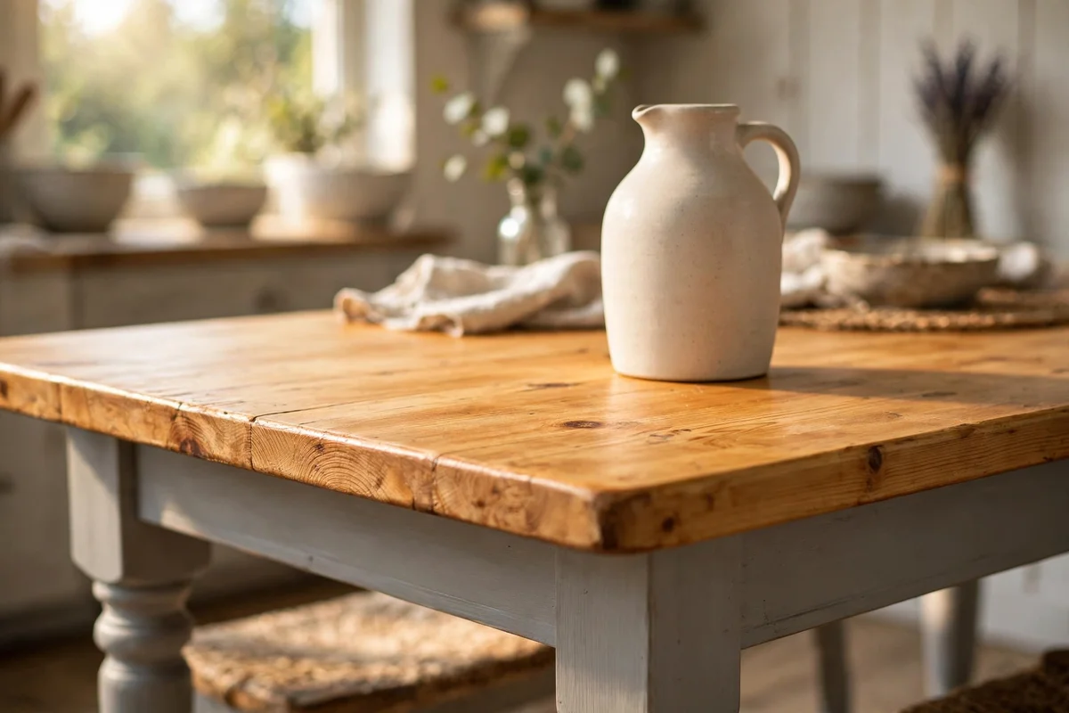 Farmhouse table with sanded bare pine top and painted legs