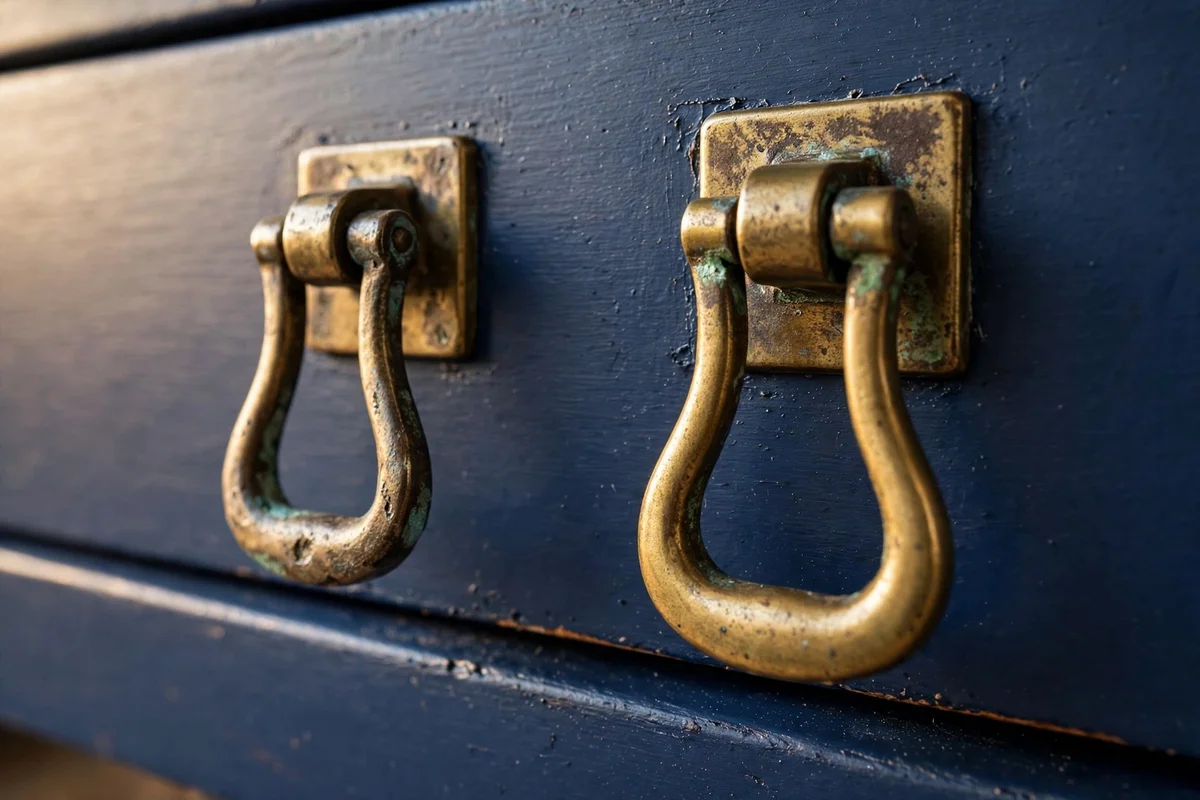 Original brass bail pulls fitted against a freshly painted dresser