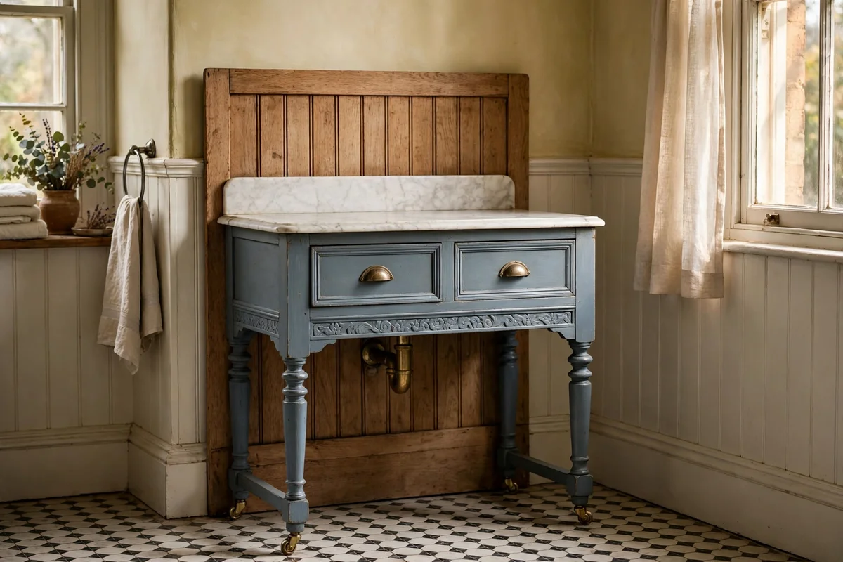 Victorian washstand painted in heritage blue grey with marble top