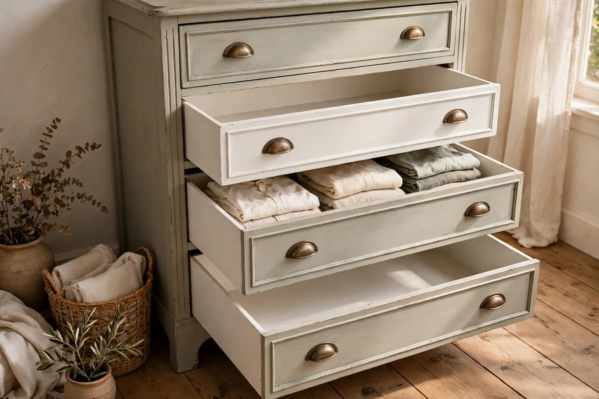 Painted dresser drawers with warm white painted interiors