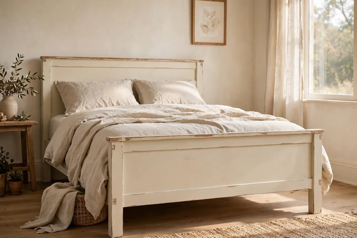 Painted wooden bed frame with distressing only at natural wear points