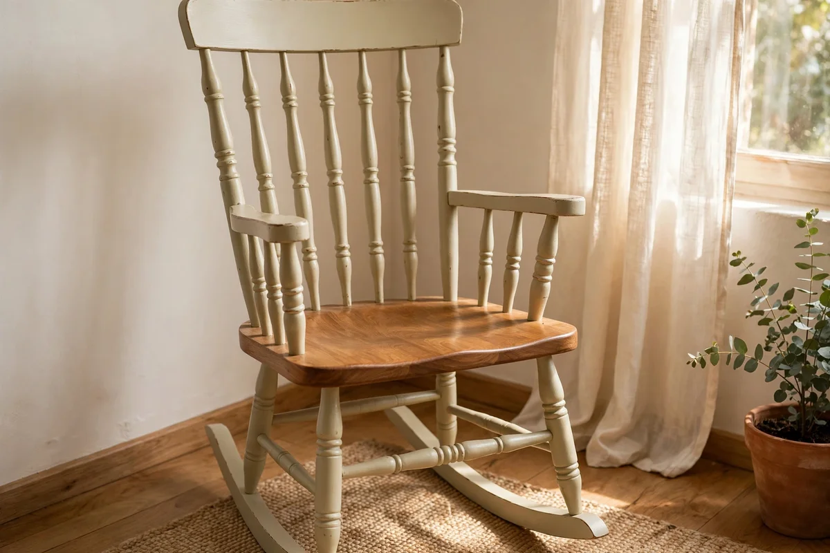 Wooden rocking chair painted muted cream with bare oiled wood seat