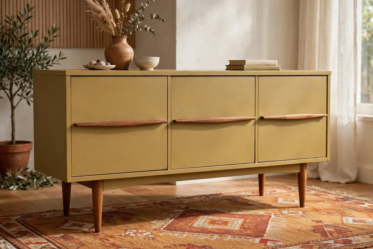 Mid century sideboard painted heritage mustard with bare wooden legs