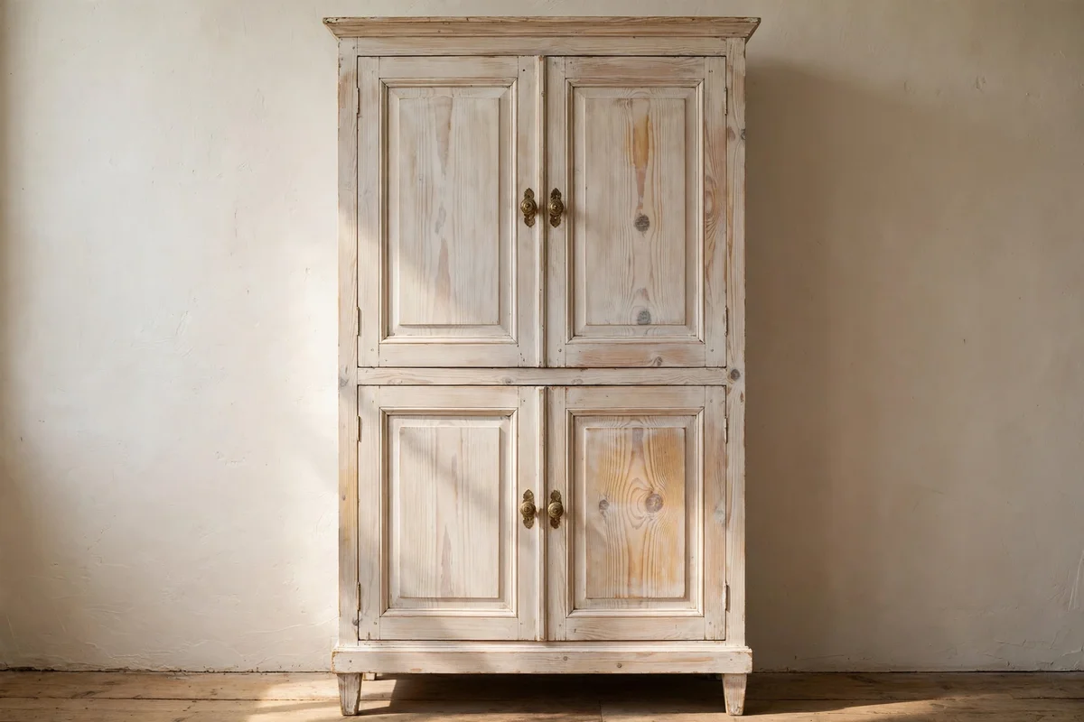 Vintage pine cabinet with thin paint wash letting wood grain show through