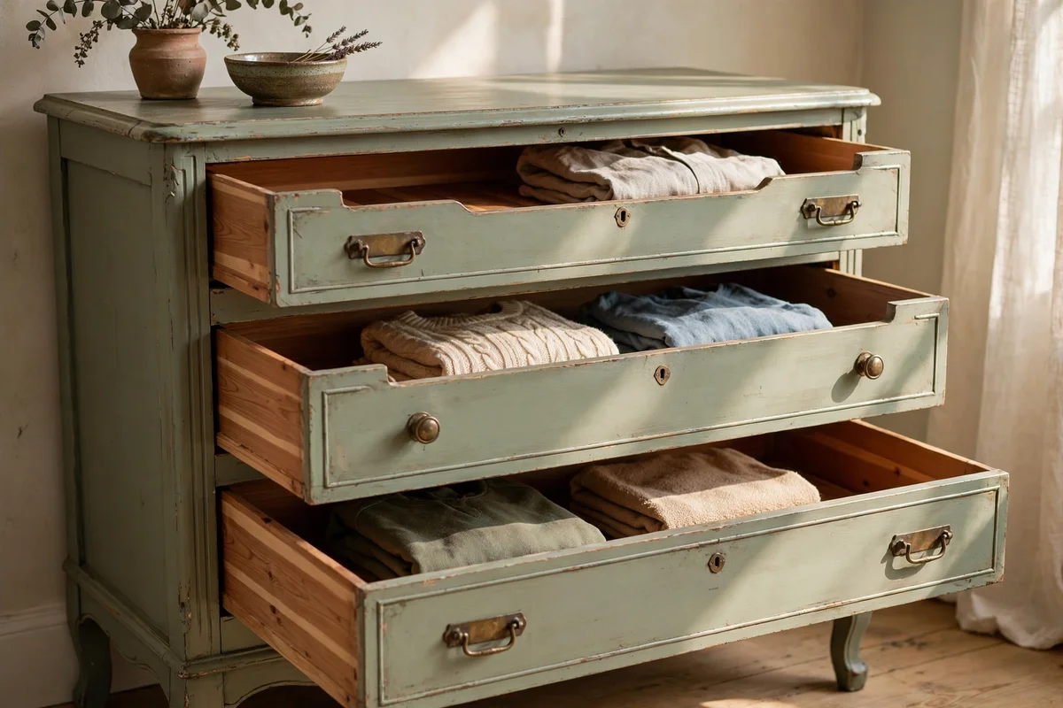 Painted dresser drawers fitted with thin cedar wood liners
