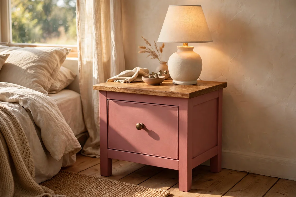 Small nightstand painted dusty rose with stripped oak top
