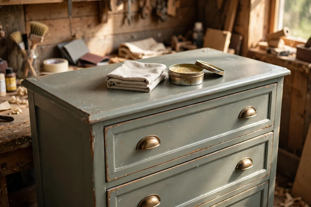 Hand rubbing clear wax onto a painted vintage dresser for a soft glow