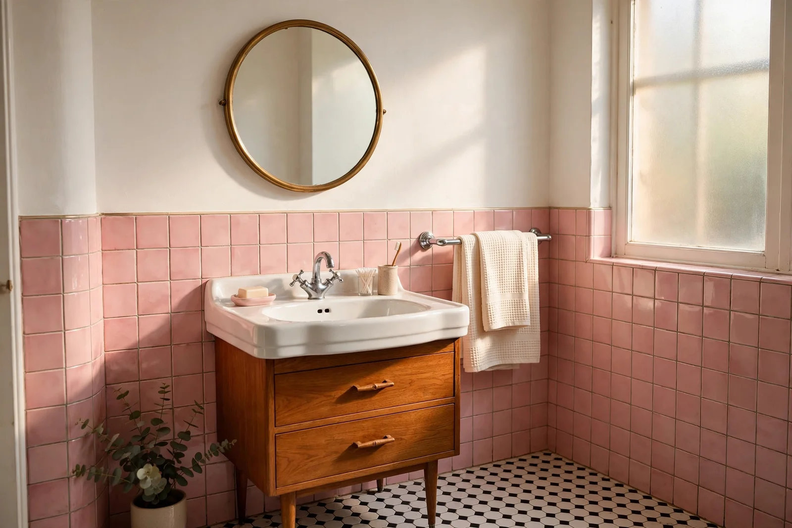 Vintage pink tile bathroom with brass mirror, oak vanity and cream towels in warm light