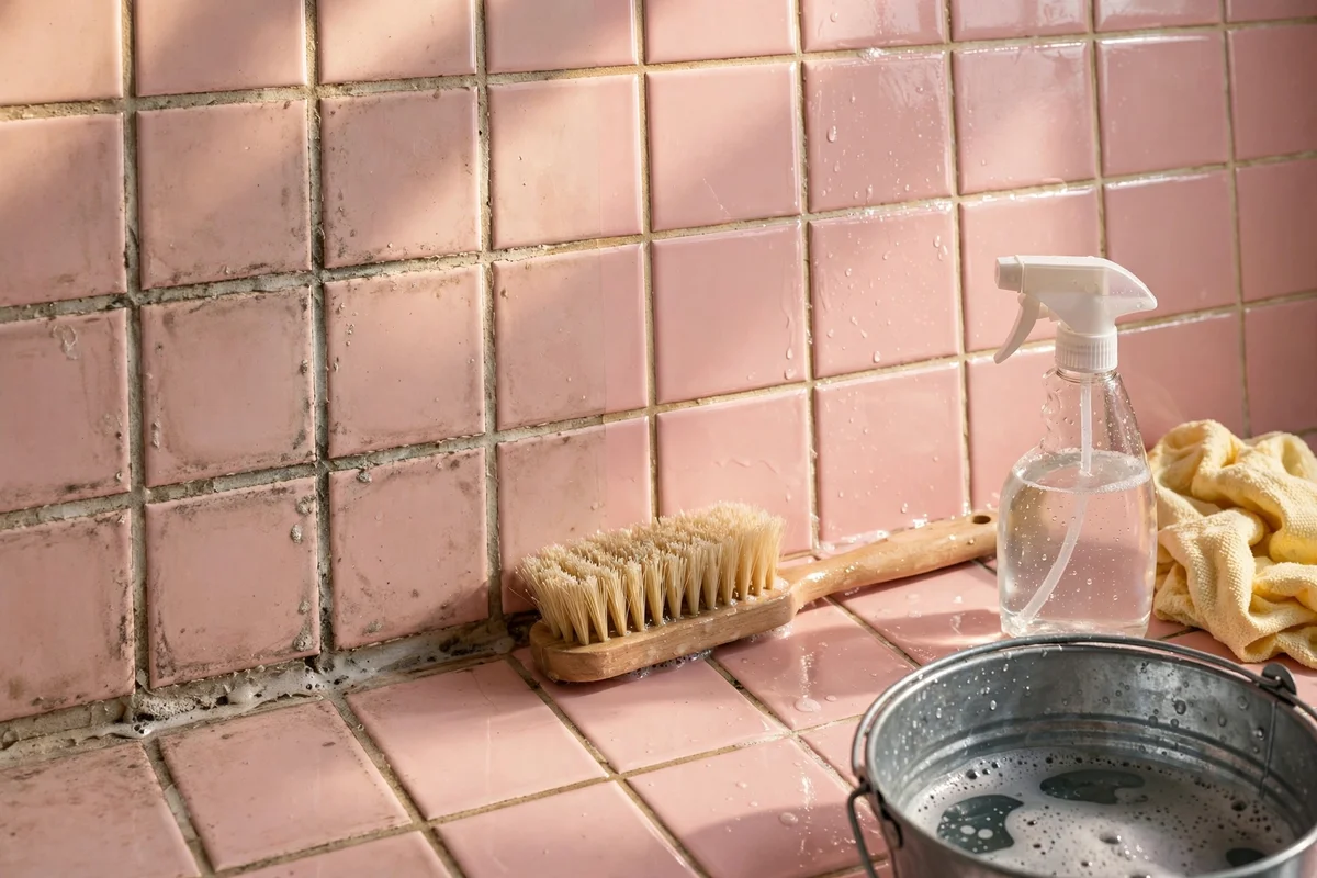 Pink bathroom tiles being cleaned with a soft brush and spray bottle
