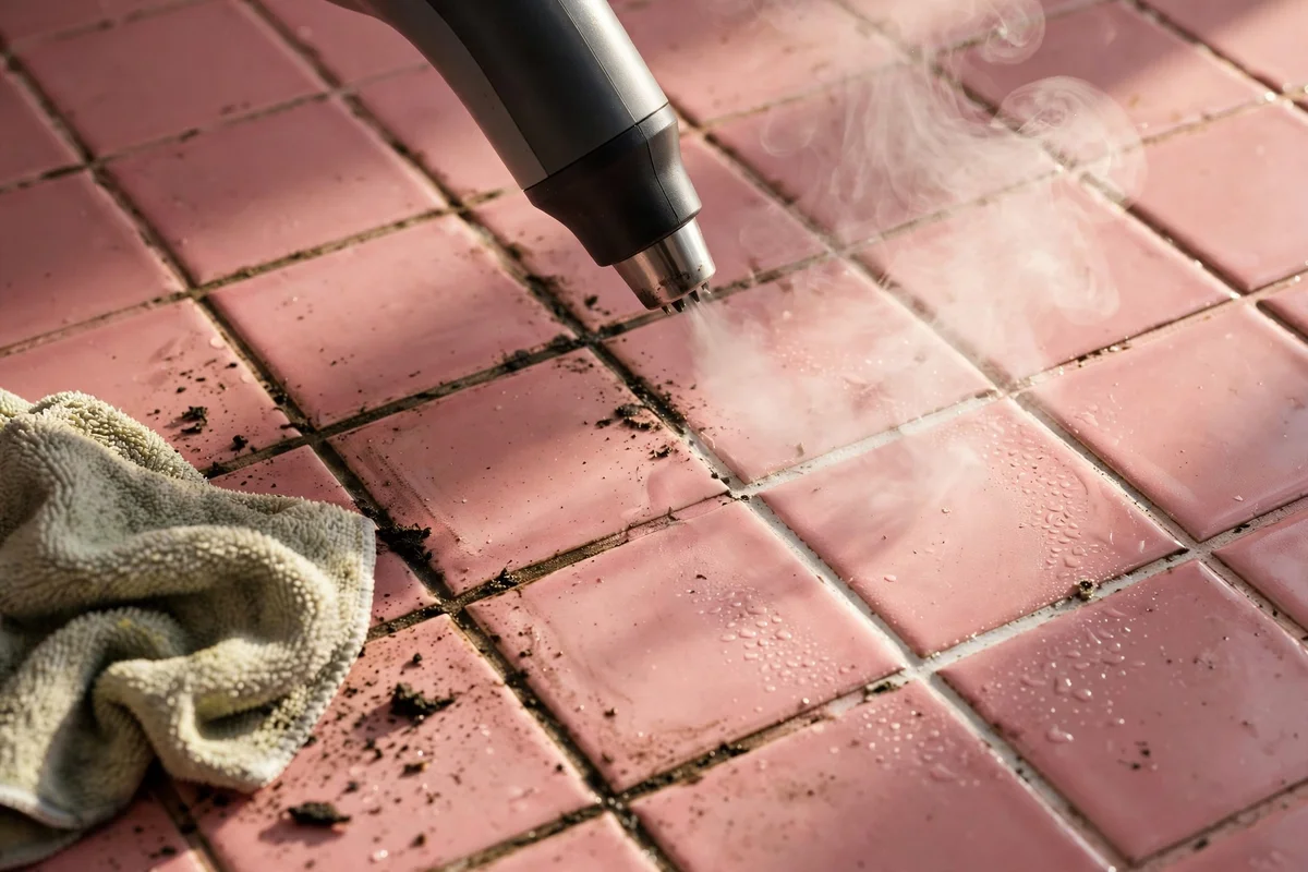 Steam cleaner lifting grime from grout lines between pink tiles