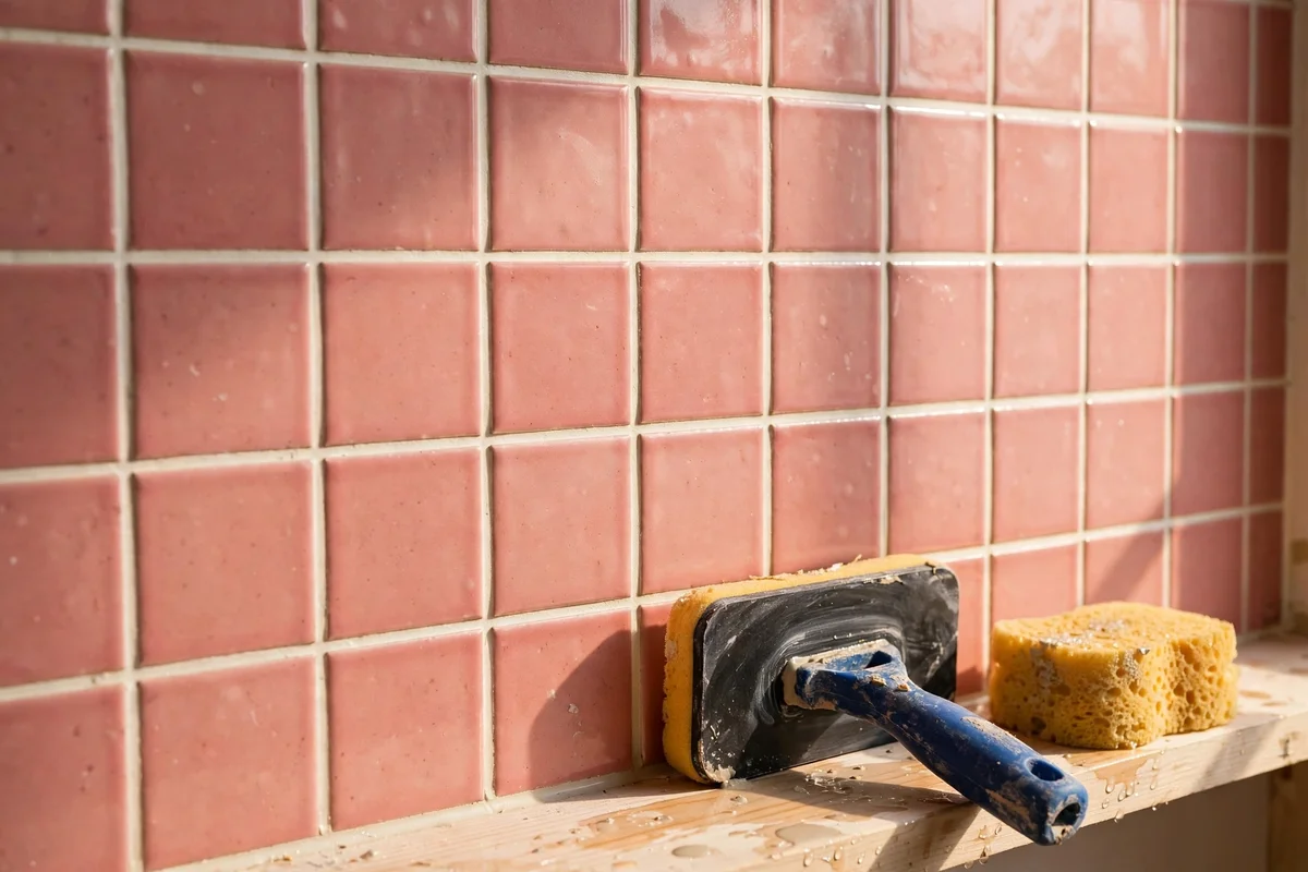 Pink tiles with fresh warm white grout joints after regrouting