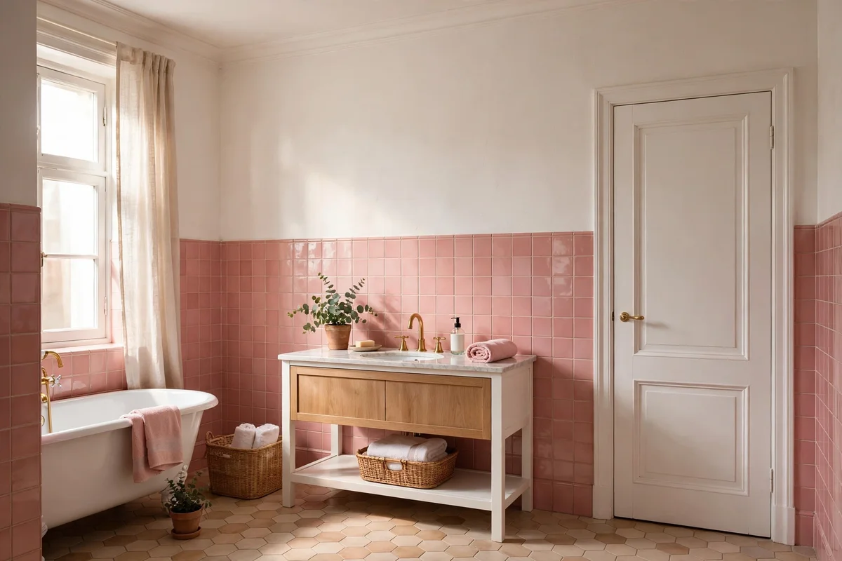 Pink tiled bathroom with warm white upper walls and ceiling